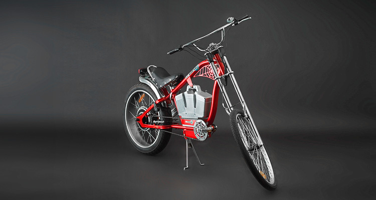Front shot of red electric chopper bike