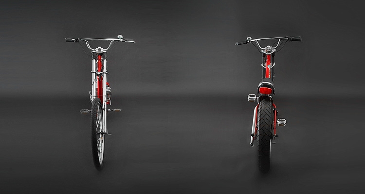 Front and back shots of red electric chopper bike