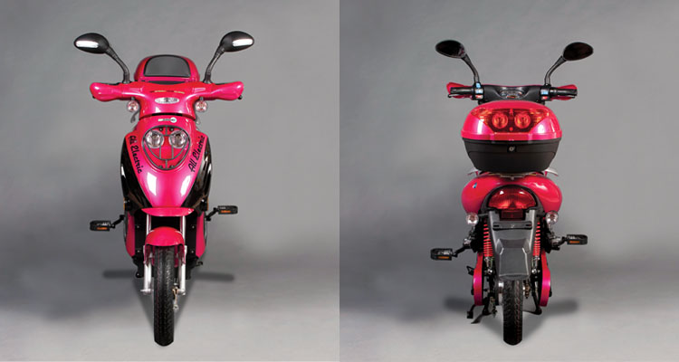 Front and back shots of pink electric bike
