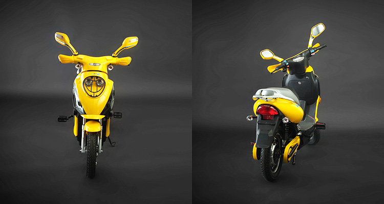 Front and back shots of yellow electric bike